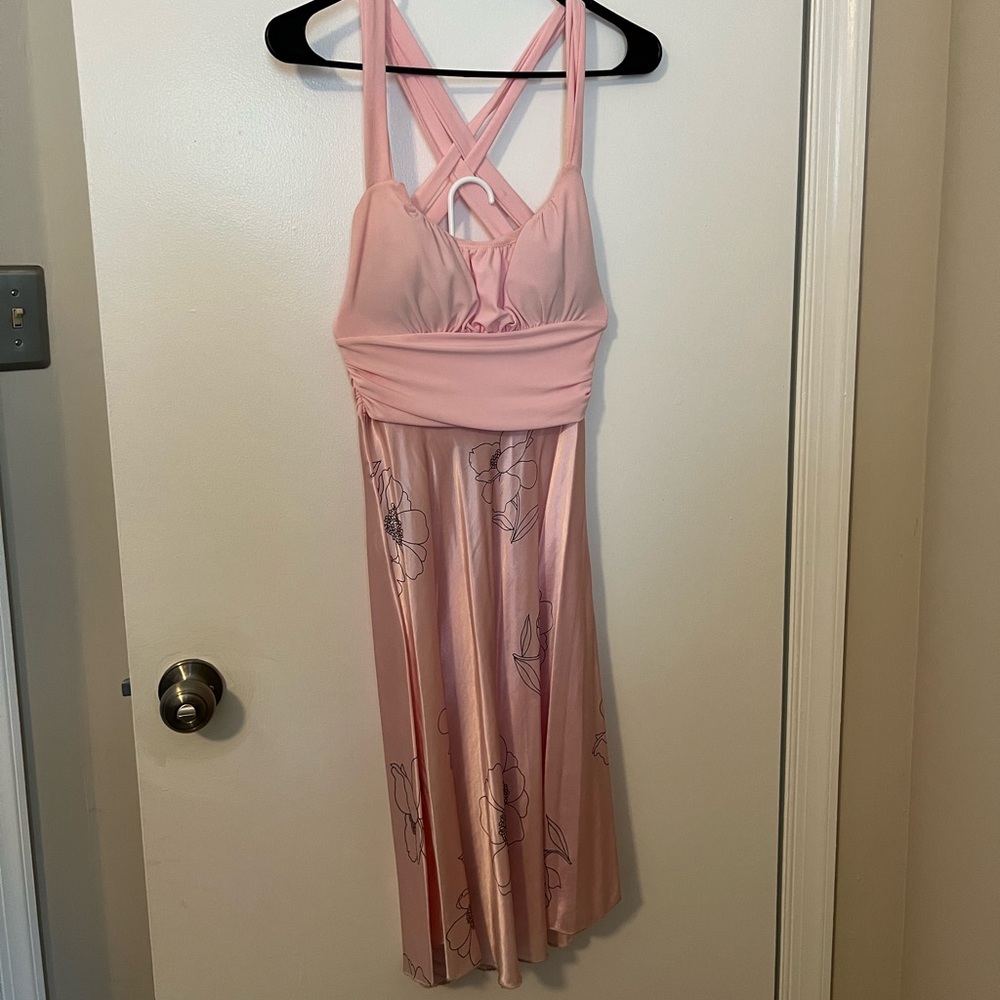 Boutique midi dress, size XS. Worn once. Pink with black flowers.